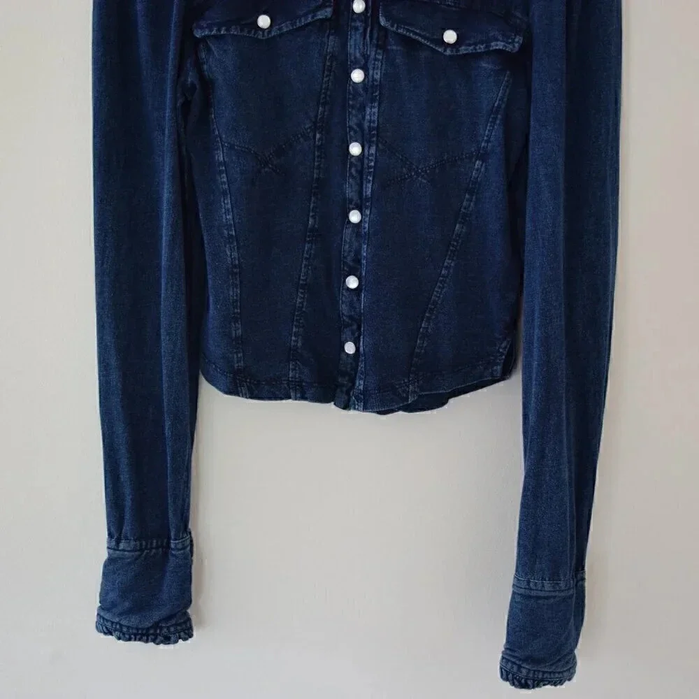 FREE PEOPLE Fitted Cotton Button Down Long Sleeve Top Blue Size Large - Picture 4 of 10